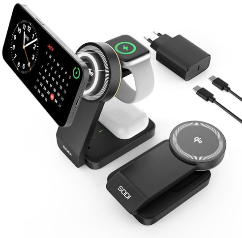 SODI 3-i-1 Trådlös Laddningsstation, Qi2-certifierad 15W Trådlös Laddare med Ställ, MagSafe-kompatibel Laddare, Hopfällbar Rese-laddningsstation för iPhone 16/15/14/13/12, AirPods, Apple Watch