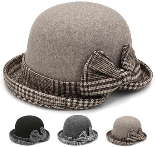 Initlove Chapeau cloche en feutre vintage Fedora pour femme, kaki, Taille unique