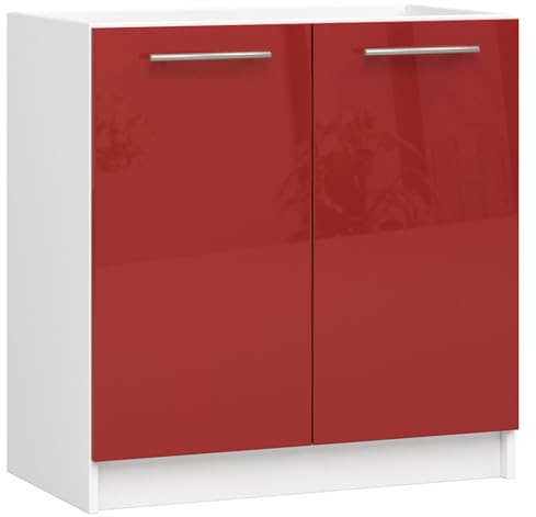 AKORD | Armoire de Cuisine sous l'évier - Oliwia S80 | Armoire Basse de Cuisine avec 2 Portes et 1 Étagère | 80 cm de Large | 46x80x82 cm | Blanc et Rouge Brillant