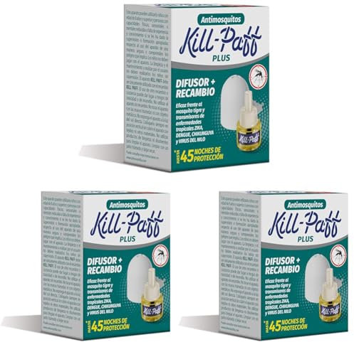 KILL-PAFF | Antimosquitos Eléctrico | Protección Eficaz Contra Mosquitos Tigre y Transmisores de Enfermedades Tropicales | Sin Olor | 45 Noches de Protección | 1 Difusor Eléctrico + 1 Recambio 33 ml