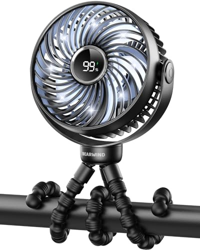 Bearwind Mini Portable Pram Fan, Rechargeable Clip On Fan for Stroller, Digital Display & Night Light, 4 Speeds, 360° Rotate Flexible Tripod Cooling for Buggy, Pushchair, Car Seat, Travel (Black)