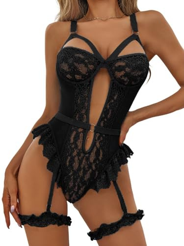 NLAND Conjunto de Lencería para Mujer Ropa Interior con Liguero Body de Encaje Bodysuit con Sujetador Push Up y 2 Anillos en Los Muslos(Negro,Talla única)