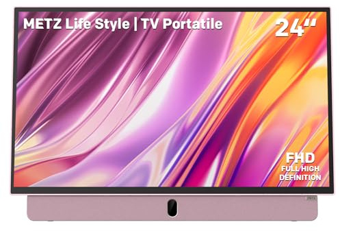 Metz TV Portatile, MPE7300Z, 24, Batteria Incorporata, Ricarica Auto 12V e Power Bank, Anti-glare, LED, FHD Smart, Google TV, HDMI, USB, Bluetooth, Wifi 5, Uscita Antenna, Rosa