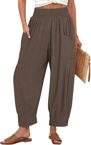 Tarse Women Linen Pants 2025 Summer Casual Loose Boho Wide Leg High Waisted Harem Pant with Pockets, DarkCoffee, L