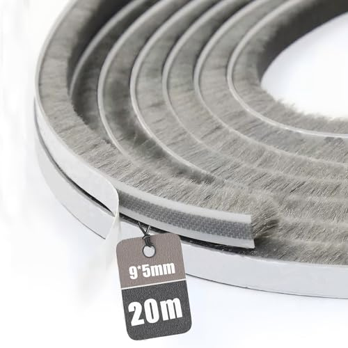 Vingspina Junta de Cepillo Autoadhesiva 20M(L) x 9mm(B) x 5mm(D), Burlete Cepillo para Puerta Corredera Ventana y Persiana, Burlete para Aislamiento Viento Frío, Ruido y Polvo, Gris