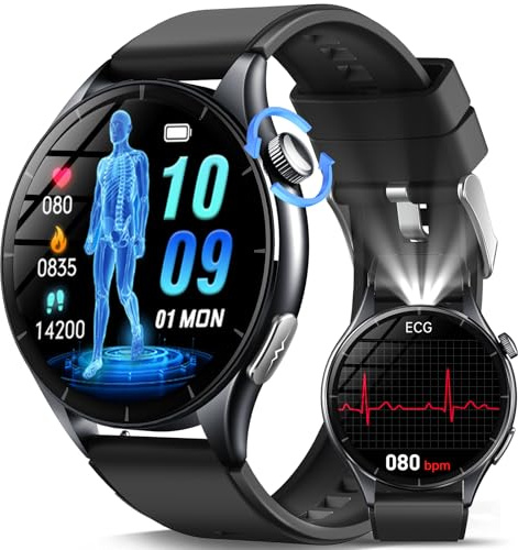 2026 Neue Smartwatch Herren mit EKG/ΒΙυtｚυcker/BMI/HRV/Harnsäure/LED-Licht,1,56 AMOLED Rund Gesundheitsuhr mit 24H ΒΙutdruck/SpO2/Pulsuhr, Schlaf/Apnoe-Monitor, SOS-Notruf Fitnessuhr für iOS Android