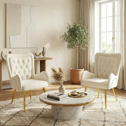 Hellove Lot de 2 Fauteuil Salon avec Gold Métal Pied, Français Chaises Scandinaves Fauteuil, Chaise Coiffeuse Moderne en PU Cuir pour Salle à Manger, Salon Chambre Siege Bureau Allaitement, Beige