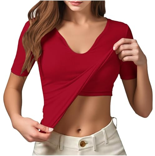 Débardeurs à manches courtes pour femme avec soutien-gorge intégré et col en V T-shirts basiques d'été pour sortir, vêtements de sortie 2026