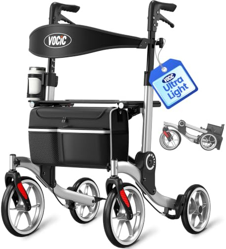 VOCIC Z36 Rollator Walker with Seat for Seniors, 6.8kg Ultralight, 136kg | Aluminum Foldable Mobility Walker with 24CM Wheels, Ultra-Compact Rollator for Stable Indoor & Outdoor Use with Shopping Bag