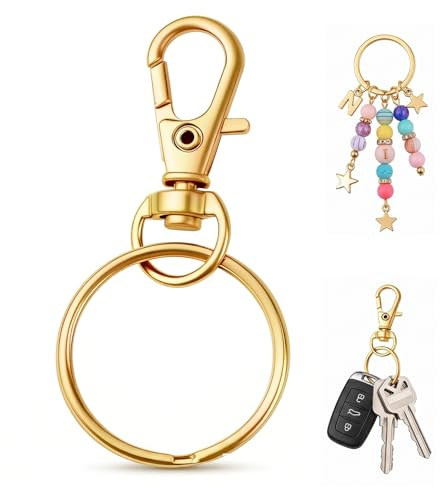 GETRICH Attache Porte Clé pour Loisirs Créatifs, 100 Pièces (Dorée) | Porte Clef Mousqueton Doré Pivotants à 360°, 50 Mousqueton Porte Clef et 50 Anneau Porte Clé pour Bijoux Gadget DIY Décoratio