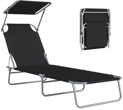 Outsunny Lettino Prendisole da Giardino Pieghevole con Tettuccio Schienale Regolabile, Sdraio da Giardino in Tessuto Oxford e Metallo, per Spiaggia, Piscina, 187x58x36 cm, Nero