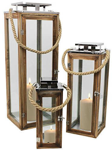-Lot de 3 lanternes avec poignée corde - 34, 50 et 70 cm de hauteur - Pour éclairage de jardin