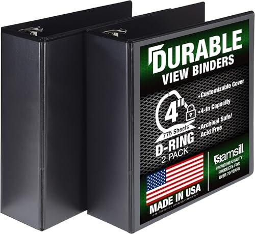 Samsill Durable 4 inch 3 Ring Binder, D Ring Binder, 100% Recycled Chipboard, Black, 2 Pack
