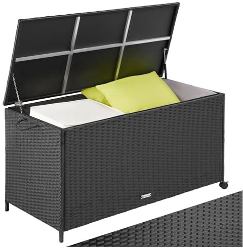 TecTake® Box Contenitore da Esterno, Mobile da Giardino con Intreccio in Polyrattan, Telaio in Alluminio, Coperchio Rinforzato, Pratica Maniglia, Rotelle Girevoli, 117x54x64cm, 297 L - Nero