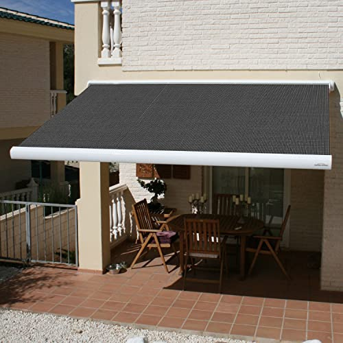 Multiple Awnings - Full Cassette Awning | Retractable Sun Shade with White Casing | Easy Open and Close Manual Hand Crank Lever | Brasilia Slim Collection | 16' W x 10' L - Tweed Black