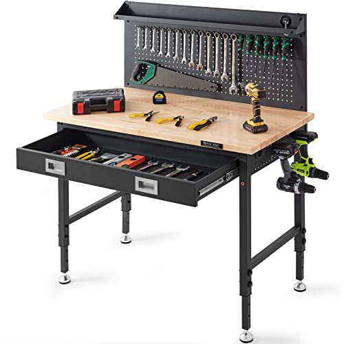 VEVOR Workbench Adjustable Height 28-39.5'' Work Bench for Garage Oak Plank & Carbon Steel Heavy Duty Workbench 2000lbs Weight Capacity top Size 48x24 Hardwood Workbench 3m Cable 30 Hooks, Black