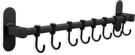 Galerie SV Hakenleiste Küche mit 8 Haken - KüChenorganizer - KüChenutensilienhalter - KüChenhelfer Aufbewahrung - Pfannenhalter - KochlöFfelhalter - Ohne Bohren - 40 cm - Verstellbar (Schwarz)