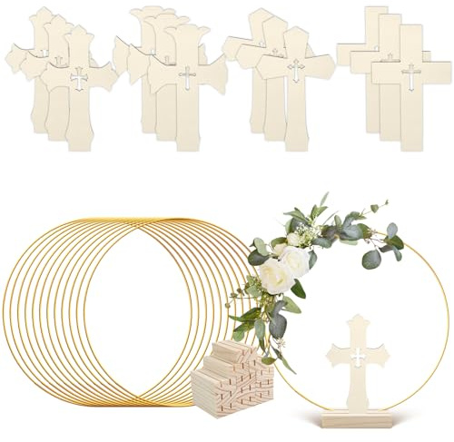 Lot de 24 centres de table de baptême pour première communion, 12 croix en bois debout pour travaux manuels, 12 cerceaux floraux en métal avec support pour fête, mariage, décoration d'intérieur