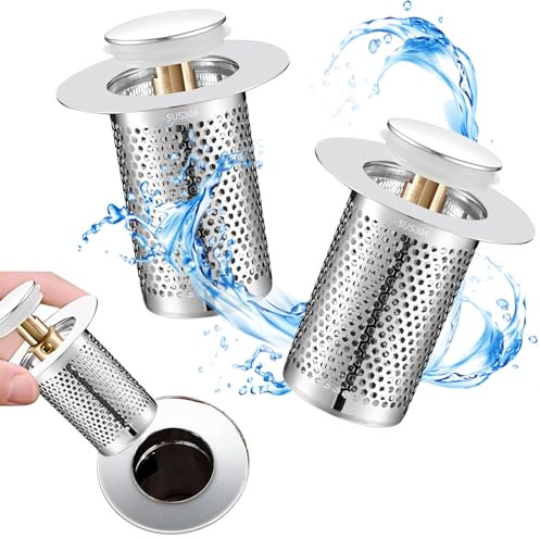 Vueinrg 2 Pezzi Tappo lavandino Bagno con Filtro,33–55mm Universale Pop Up Tappo di Scarico Tappi lavandino Bagno in Rame con Nucleo a Molla per Vasca da Bagno, Cucina, Lavabo,Filtrare i Capelli