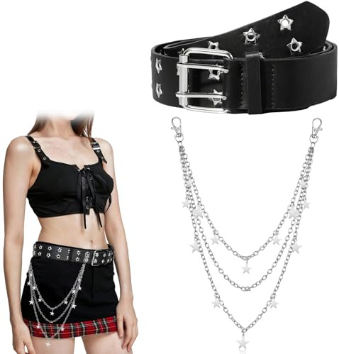 VireEyU Cinturón Punk de Cuero para Mujer con Cadena - Cinturón de Cuero Liso Negro, Cuero PU, Cinturón de Jeans Punk Rock Metálico para Jeans, Vestidos y Shorts, Accesorio Único