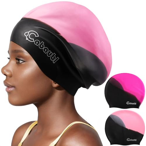 Cabaubl 2 Pack Kids Swim Cap for Long Hair,Silicone Swimming Cap for Age 3-15 Kids Toddler Youth,Large Waterproof Swim Hat for Braids,Dreadlocks,Unisex Swim Caps for Girls Boys(Multicolor)