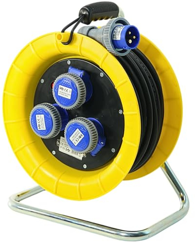 ELETTROWATT Prolunga Elettrica 30 Metri con Avvolgicavo Professionale arancione, Spina Industriale CEE 16A IP67 e 3 prese di corrente da incasso CEE 220V IP67 - Cavo 3G2.5 in Neoprene H07RN-F stagno
