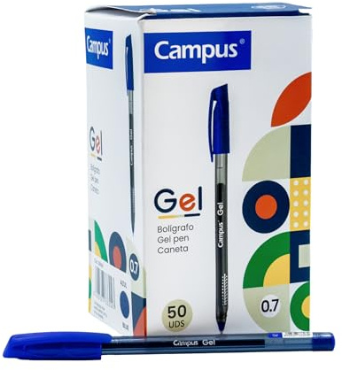 Campus – Pack de 50 Bolígrafos de Gel, Bolígrafos Gel con Trazo de 0,7 mm, Tinta de Gel, Bolígrafo con Capucha para Oficina y Material Escolar - (Azul)
