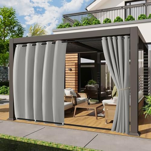 BTTO 2er Set Outdoor Vorhang Wetterfest, Breit B180xH243cm Windschutz Outdoorvorhänge mit ösen Oben und Zugring unten, Große Größe Outdoor Gardinen Sonnenschutz für Balkon Pergola Terrasse (Hellgrau)