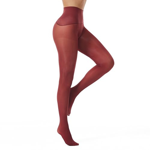 Frola Oil Shiny Stockings Pantyhose 360°Seamless Crotch High Waist Smooth Tights for Women(Large,1Pair Wine Red)