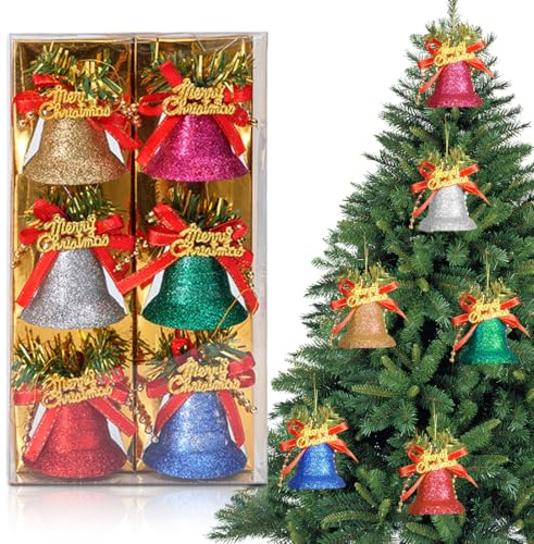Christmas Jingle Bells, 6Pcs Glitter Bell Ornaments with Bowkno, Christmas Tree Hanging Decoration Xmas Hanging Bells Pendants for Party Decorations DIY Crafting Wreath