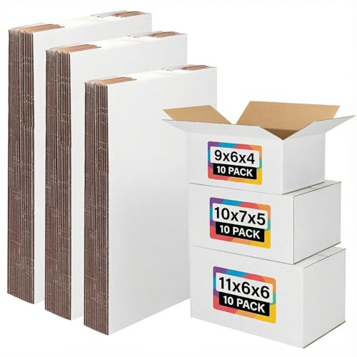 EXYGLO 30 Pack 9x6x4, 10x7x5, 11x6x6 Assorted Sizes Shipping Boxes for Small Business, Each Size 10 Pack, White Corrugated Cardboard Small Box for Packaging, Moving, Mailing, and Storing
