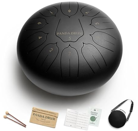 Panda Drum Plus (Black) | Steel Tongue Handpan with Music Book, Mallets, Carrying Bag & Finger Picks | 11 inch, 432 Hz | Rain Drum for Inside & Outside | Calming Musical Instrument for Adults & Kids