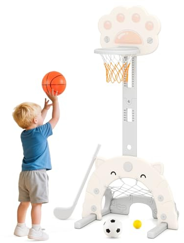 COSTWAY 3-i-1 barnbasketkorg, basketstativ med basket och fotboll och golfspel, inomhus, utomhus, basketspel med justerbar höjd och vikbar korg, för barn från 3 år