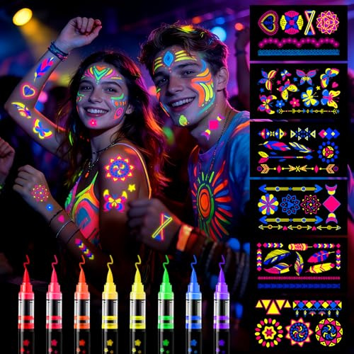Meetory UV Neon kroppsfärger smink pennor – 8 färger bodypainting tatueringspennor i mörkret under UV-ljus fluorescerande smink tatuering märkpenna för festival party karneval ansikte kropp målning