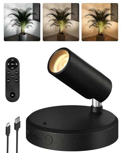 EZVALO 5500mAh Battery Powered Indoor Spotlights, Uplights for Indoor Plants, Wireless LED Picture Light for Wall, Dimmable with Remote & Timer, 3-Colour for Artwork & Tree Display (1, Black)