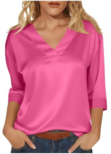 Blouses en satin pour femmes avec col en V et manches 3/4 - T-shirts style soie - Blouses d'été décontractées unicolores, rose vif, XXL