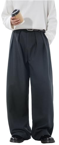 RediHom Mens Wide Leg Dress Pants Casual Pleated Elastic Waist Baggy Long Trousers Grey M