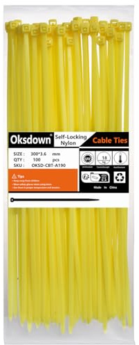 Oksdown 100 Pack Yellow Plastic Cable Ties 300mm×3.6mm Heavy Duty Strong Nylon Premium Self Locking 12 inch/30 cm Long Zip Tie Wraps