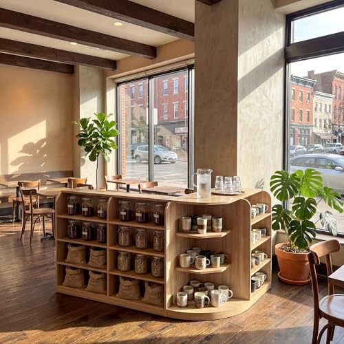 PREMTURE Bancone per ricevimento, colore legno, a forma di L, 180 cm, bancone angolare con ripiani aperti, 2 cassetti e armadio, grande bancone per ricevimenti per caffè, ristorante, negozi, 180 x 120