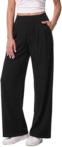 Litherday Pantalón Mujer Pierna Ancha Cintura Alta Elástico con Bolsillos Pantalones Casuales Elegantes Cómodos para Oficina y Diario Negro XL