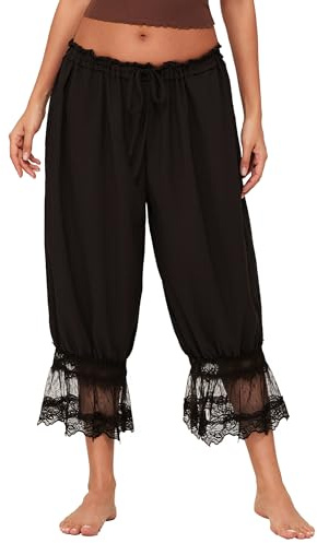 ensswliz Lace Flared Cropped Bloomers Smocked Mid Rise Ruffle Pantaloons | Lace Trim Elastic Waist Pant, Lightweight Smooth Breathable, Perfect For Casual Leisure Lounge Going Out