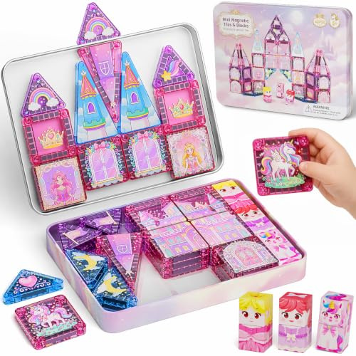 YOGOHEE Lot de 42 blocs de construction magnétiques pour filles - Carreaux de princesse et licorne dans une boîte en métal portable comme plate-forme de construction mobile pour voiture, avion et