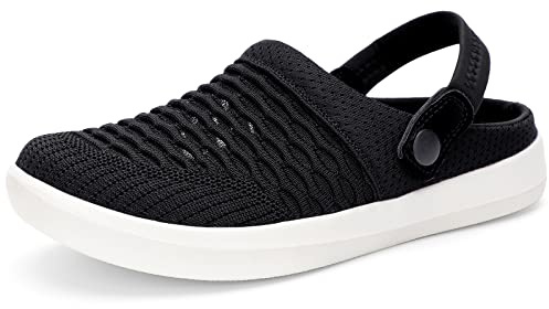 HKR Womens Garden Clogs Lightweight Flat Mules Shoes Breatahble Mesh Sandals Comfortable Slippers Indoor Outdoor Black White UK 3.5