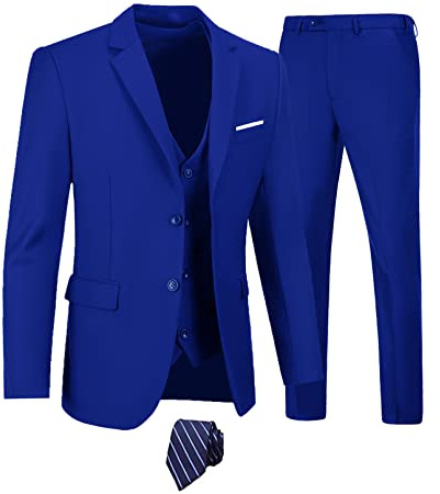 Mens 3-Piece Suit Two Button Notched Lapel Tuxedo Slim Fit Dress Business Wedding Party Jacket Vest & Pant with Tie Royal-M