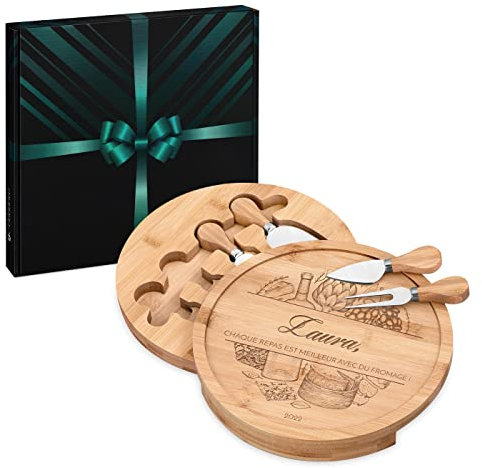 Maverton Plateau à Fromage Rond en Bois Personnalisé - 25 cm Plateau Fromage avec Accessoires - Cadeau Femme - Cadeau personnalisé - Anniversaire Femme - Repas