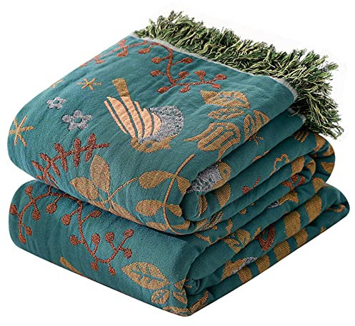 HOORDRY Cotton Bed Throw with Tassels, Double-sided Bohemian Throws for Sofas, 150X200CM(60x80In) Woven Warm Blanket for Single Sofa, Bedspread and Settee Couch Travel, Green/Teal