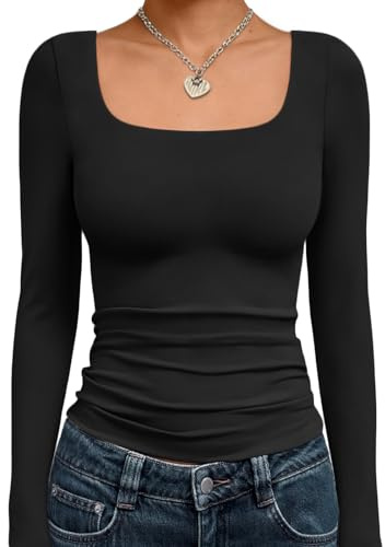 Trendy Queen Womens Square Neck Long Sleeve Shirts Double Lined Solid Slim Fit Tops Y2K Going Out Basic Tees Black M