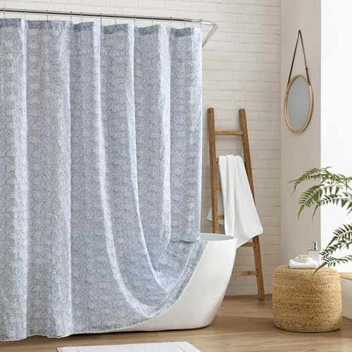 Peri Home 100% Cotton Fabric Shower Curtain for Bathroom, 72 x 72 inches, Blue Ikat Eyelet