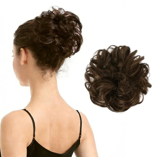 BARSDAR 100% Human Hair Bun Extension - Real Human Hair Brown Messy Bun Scrunchie for Women - Elastic Wavy Darker Brown Updo Extensions Thick Soft Fluffy Natural Looking Chignons Hairpieces Daily