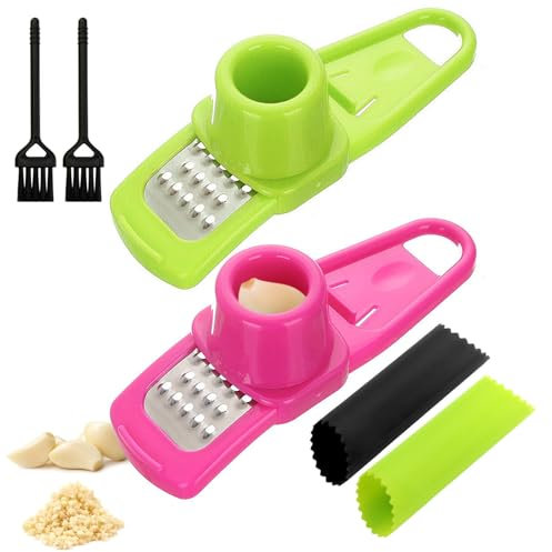 2 Pcs Aglio Grattugia,Spremiaglio in Acciaio Inox,Forte Trita Aglio,Pelatrici per Aglio,Spremiaglio con Pela Aglio Silicone, Spremiagrumi Allo Zenzero Schiaccia Aglio Facile da Usare e da Pulire